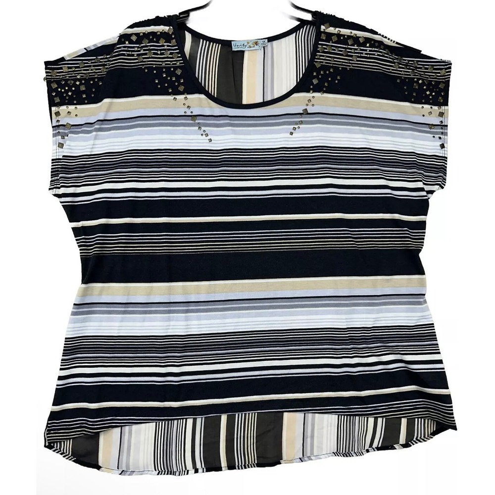 Unity World‎ Wear Striped Embellished Women's Blouse Casual Top Black Beige 1X